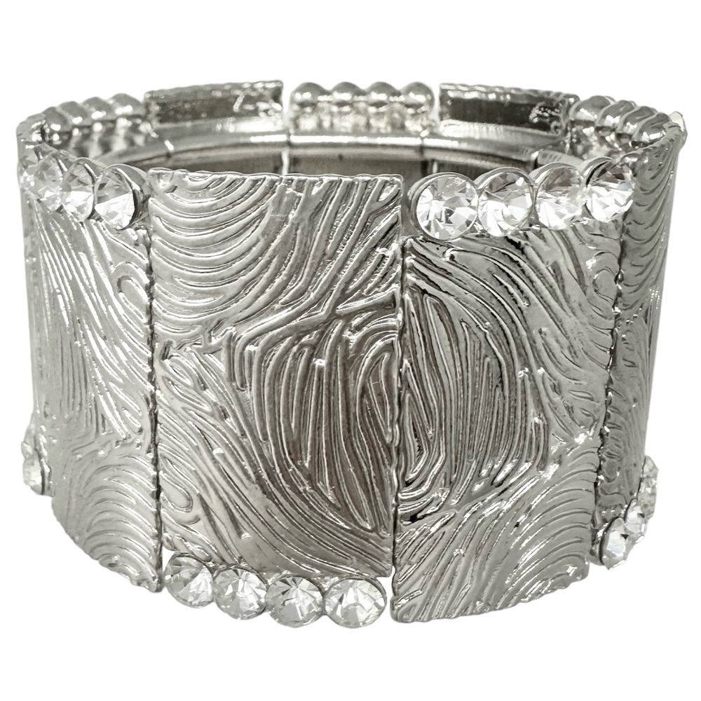 Brushed Textured Animal Print Silver Tone Wide Statement Stretch Bracelet